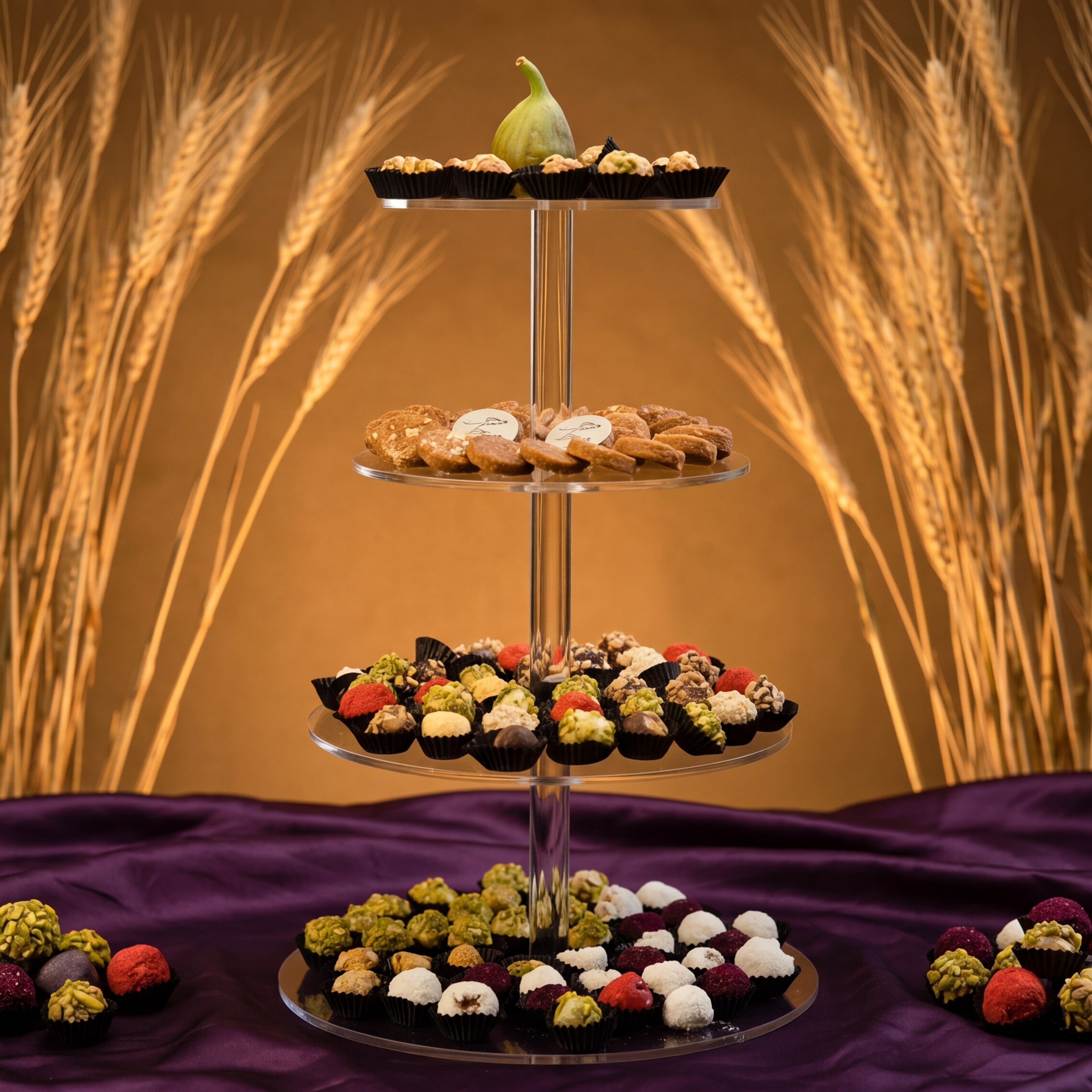 Three-tiered dessert stand with various pastries on a purple fabric background with tall grasses.