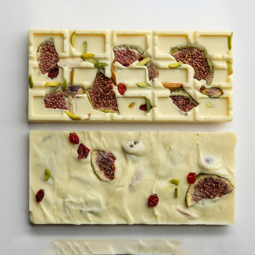 White ChoFig — closeup of white chocolate and fig bar