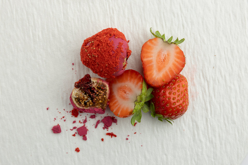 Strawberry fig bites styled with fresh strawberries alternate angle